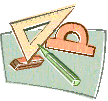 Graphic of a protractor and other school supplies. 